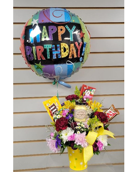 Deluxe-Bigger Flower arr., Mini Candle, Candy, Balloon size, inches height and inches wide.