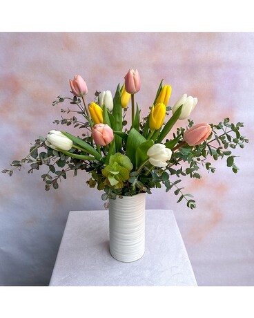DozenPastelTulips size, 18 inches height and 14 inches wide.