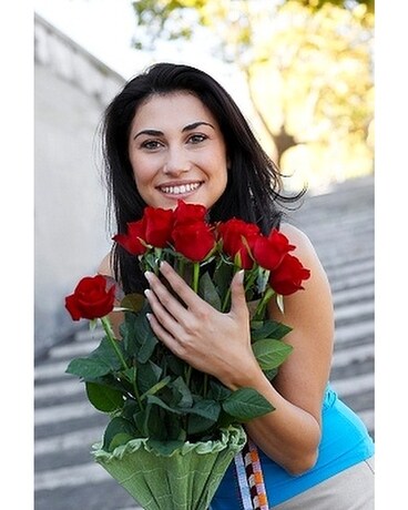 Dble. Doz. Red Roses arranged with Godiva Chocolates size, inches height and inches wide.