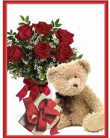 Standard doz. prem. roses with boxed Choc, & Teddy Bear size, inches height and inches wide.