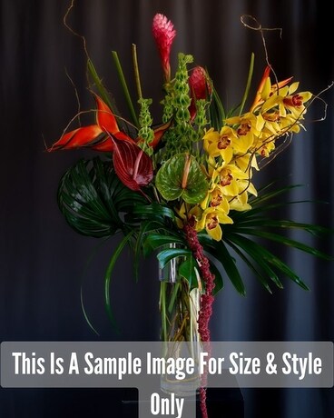 Tall Tropical Arrangement size, inches height and inches wide.