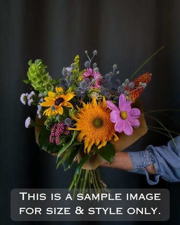 Hand Tied Arrangement size, inches height and inches wide.