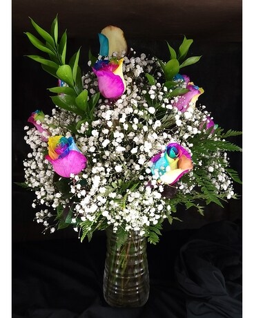 1 Dozen Rainbow Roses size, inches height and inches wide.