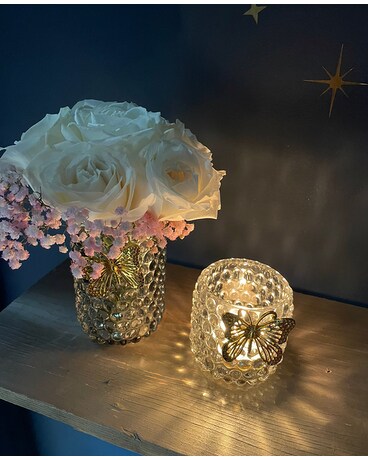 White Roses w/ candle holder size, inches height and inches wide.