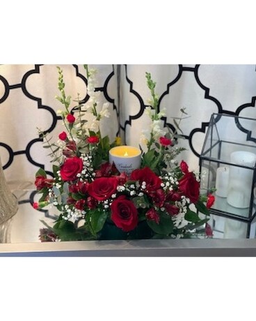 Cardinal Appears LED Vanilla Scented Candle added to a fresh flower design size, inches height and inches wide.