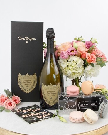 Upgrade: With Barons de Rothschild Brut Champagne & Macarons size, inches height and inches wide.
