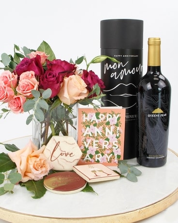 Luxe Upgrade: Anniversary Card + Red Wine size, inches height and inches wide.