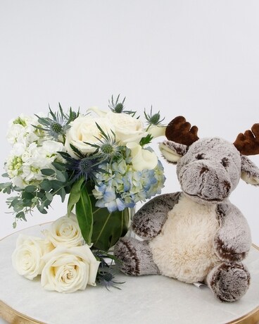 Flowers & Plushy Moose size, inches height and inches wide.