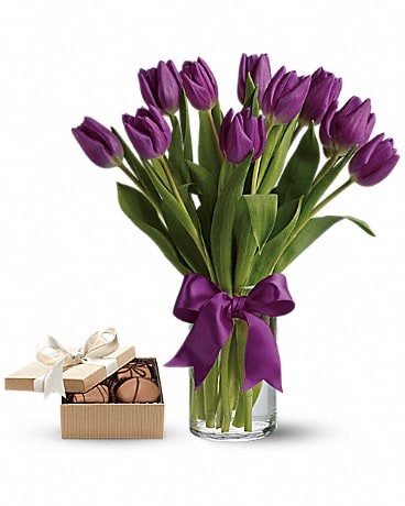 Passionate Purple Tulips with chocolates Bouquet