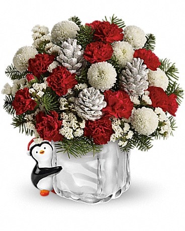 Teleflora's Merry Penguin Send a Hug Flower Arrangement
