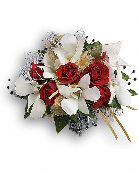 Classic White Posy with Red Corsage Classic White Posy with Red Corsage