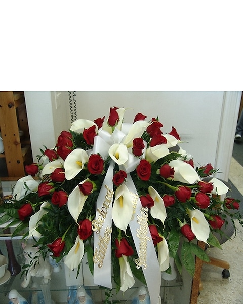Casket Spray of Calla Lilies & Red Roses in Lyndhurst NJ - Flowers By Chuck