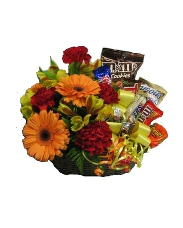 Flowers & Candy Basket Bouquet