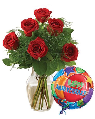 Half Dozen Red Roses with Anniversary Mylar