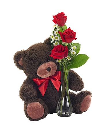 Bear with Red Rose Bud Vase
