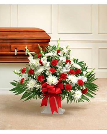 Red & White Traditional Funeral Basket Spray