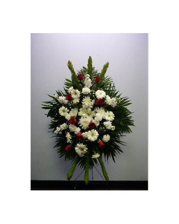 Funeral Stand in in Red and White Flower Arrangement