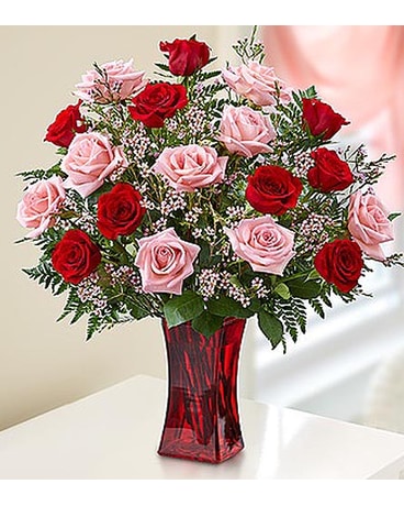 24 Red Pink Premium Long Stem Roses In Red Vase In Palm Desert Ca