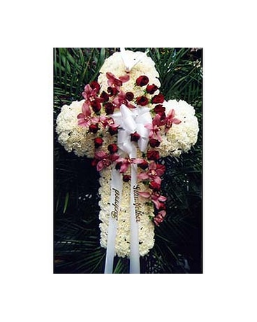 White Cross with Red Roses & Orchids