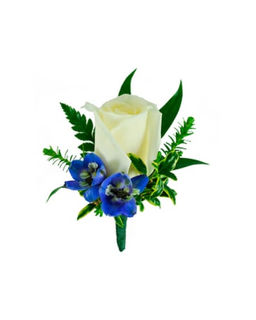 Rose Boutonniere with Blue Delphinium