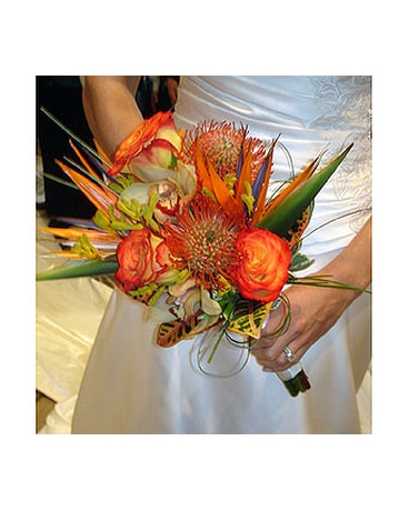 Tropical bq. in oranges, greens and yellow