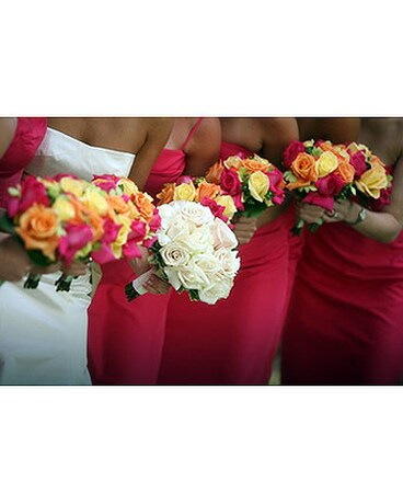 Roses in orange, yellow & hot pk. bridesmaids bqs.