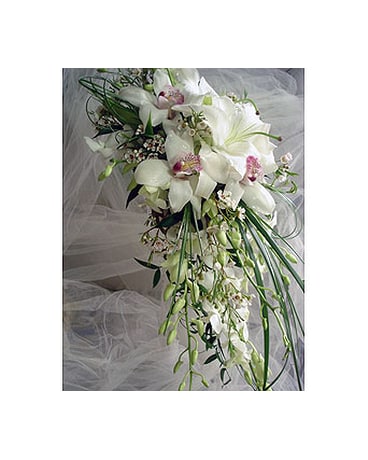 All white cascade of lilies and orchids