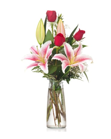 Buds and Blooms Roses and Stargazer Budvase