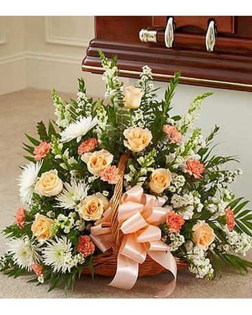 Peach, Orange, and White Mixed Fireside Basket Flower Arrangement