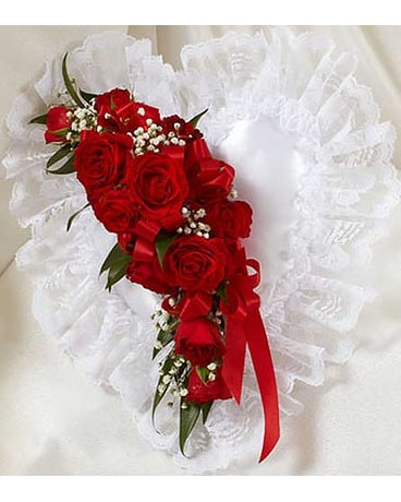Red and White Satin Heart Casket Pillow