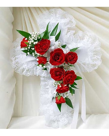 Red and White Satin Cross Casket Pillow