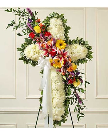 White Standing Cross with Bright Flower Break