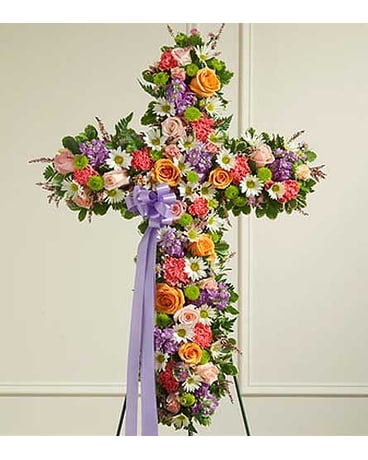 Pastel Mixed Flower Standing Cross in Bradenton FL - Saddle Creek