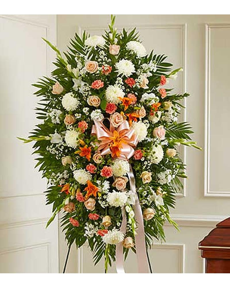 Peach, Orange and White Sympathy Standing Spray in Bradenton FL