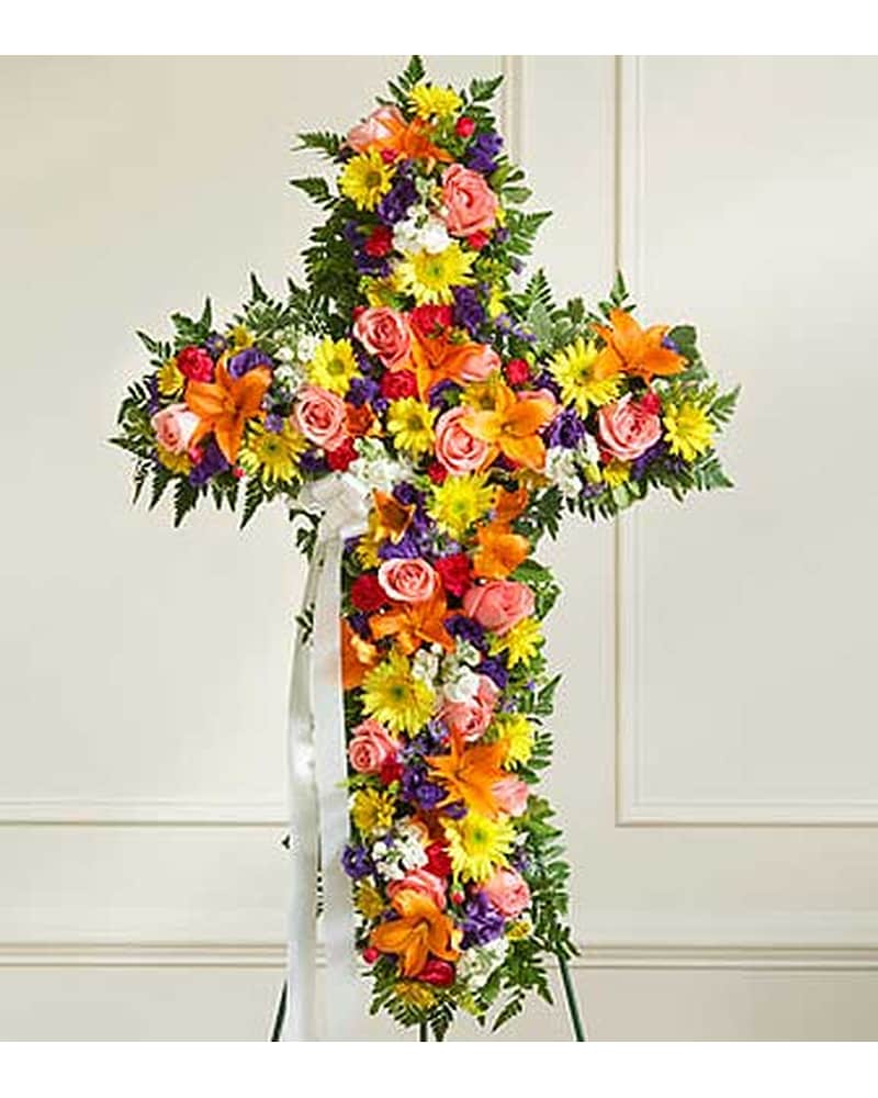 Multicolor Bright Mixed Flower Standing Cross in Bradenton FL