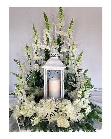 lantern fresh flower arrangement