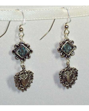 Steel Blue Swarovski Crystal and Heart Earrings