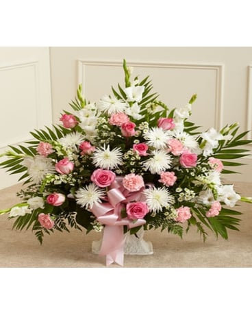 Tribute Pink & White Floor Basket Arrangement