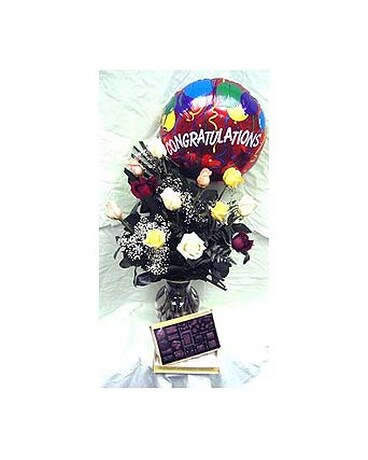 12 Mixed Long Stemmed Roses with Balloon & Chocola