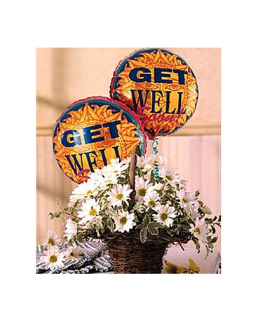 Basket Full of Daisies with Get Well Balloons