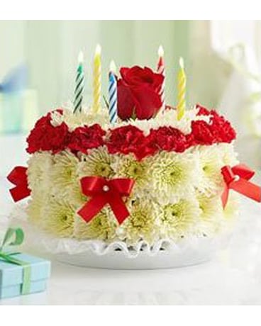 RED TRIM FLORAL BIRTHDAY CAKE