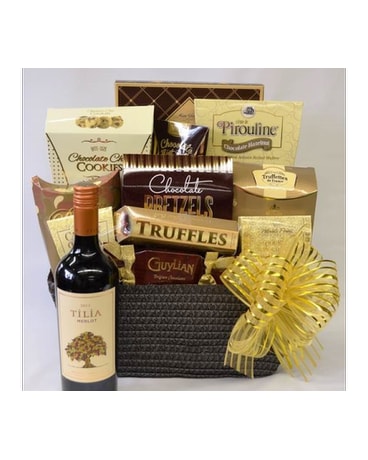 Wine and Chocolates Gourmet Basket Flower Arrangement