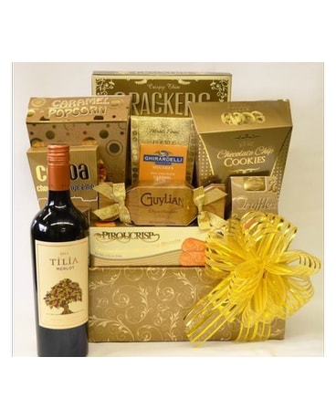 Sweet Lovers Gourmet Basket with Wine Flower Arrangement