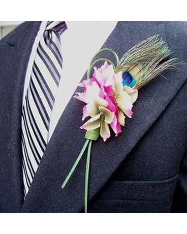 Peacock and Hydrangea Boutonniere