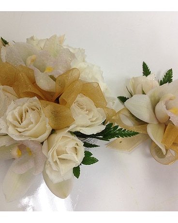 Wrist Corsage & Boutonniere of White Cymbidium & Spray Roses by Vivian