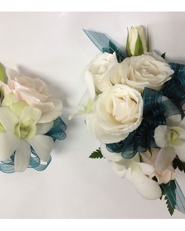 Wrist Corsage & Boutonniere of White Orchid & Spray Roses by Vivian