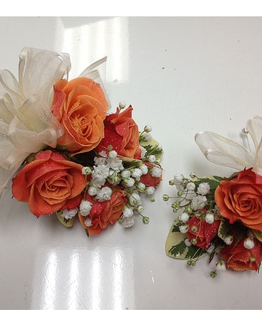 Wrist Corsage & Boutonniere of Orange Spray Roses by Vivian