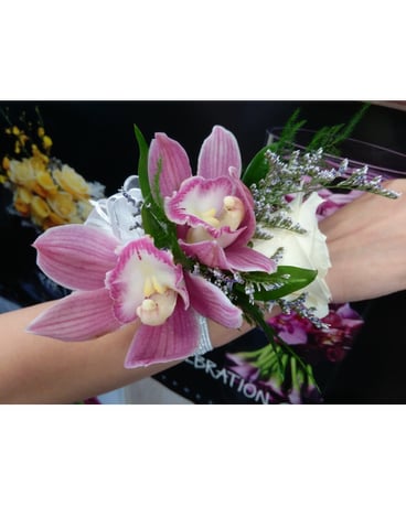 Wrist Corsage And Boutonnieres Of White Rose And Pink Cymbidium Orchid By Vivian