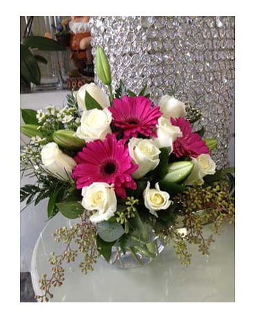 white rose and pink gerber in bubble vase