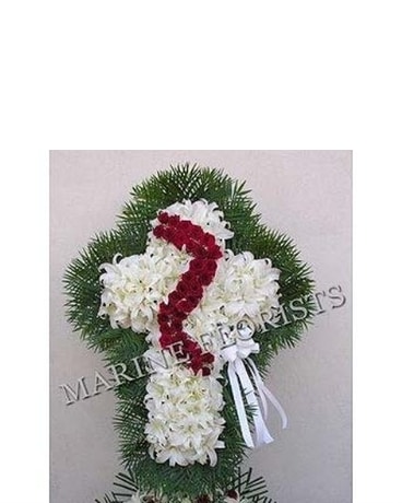 Funeral Cross - Lilies and Red Roses